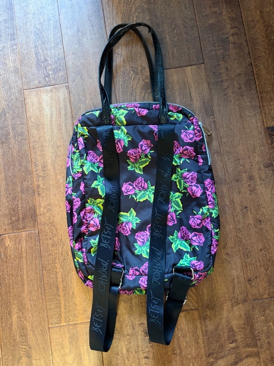 Betsey Johnson Black Backpack Tote Pink Floral Rose Print main image 4
